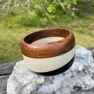 Three tone wood and Bakelite/lucite/resin bracelet